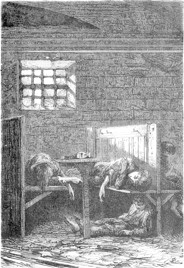 Eine Schwarz-Weiß-Viktorianische Illustration einer aufgeregten Gruppe von Menschen in einem Gefängnis-Schlafzimmer, mit einigen auf Betten liegend und anderen stehend, und Text unten lesend "Viktorianische Illustration eines Schlafzimmers in einem Gefängnis".
