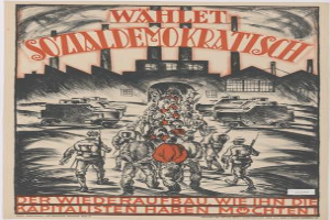 Ein deutsches Propagandaplakat für die Nazi-Partei der Sowjetunion, das eine Gruppe von Menschen und Fahrzeugen im Vordergrund zeigt, ein Gebäude im Hintergrund, mit der Aufschrift "Wahlt Sozialdemokratisch - der Wiederaufbau wiehn die Kapitalisten haben mochten".