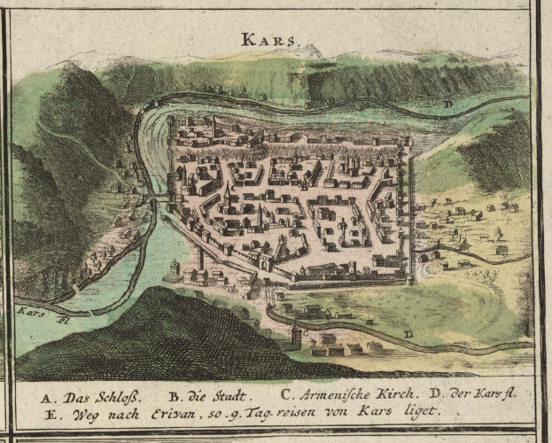 Ein altes Stadtplan von Karlsruhe, Deutschland, zeigt Gebäude, Bäume, Hügel und einen Fluss, mit Text am unteren Rand.