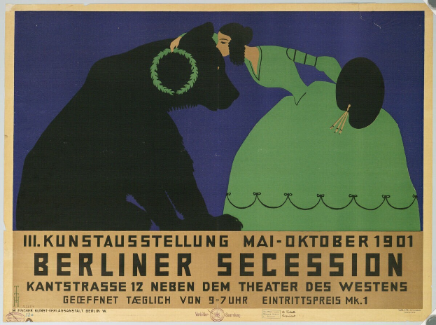 Ein Plakat der Berliner Secession mit einer Frau in einem grünen Kleid und einem Mann in einem schwarzen Anzug, mit Textbeschreibung.