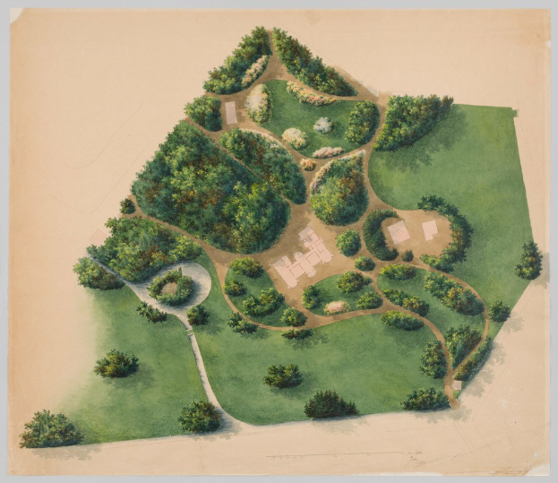 Eine Luftaufnahme eines Parks mit saftig grünen Bäumen, leuchtenden Pflanzen, Gras und verstreuten Häusern.