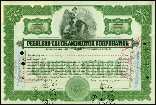 Schwarzes Hintergrund-Aktienbild für Peerless Truck & Motor Corporation mit zwei Personen und dem Unternehmensnamen.