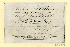 Ein Blatt Papier mit dem Text "John Hilton, No. 67, West Smithfield, London" darauf.