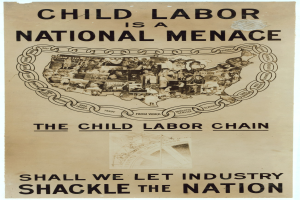 Plakat mit der Aufschrift "Kindera(r)beit ist eine nationale Geißel - Sollen wir der Industrie die Nation ausliefern" in fetter schwarzer Schrift auf einem weißen Hintergrund, das eine vielseitige Gruppe von Menschen zeigt, die gemeinsam stehen.