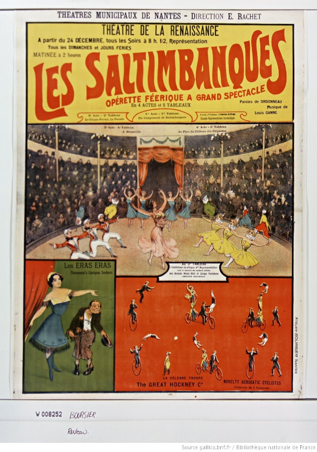Buntes Plakat für das Musical "Les Saltimbanques" im Theatre de la Renaissance mit einer Zirkusszene-Illustration und einer Besetzungsliste.