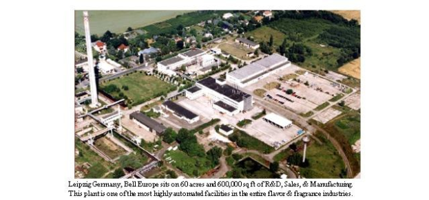 Luftaufnahme eines großen Industriegebiets in Leipzig, Deutschland, mit der Beschriftung "Bell Europe", das Gebäude, Bäume, Straßen und Infrastruktur zeigt.