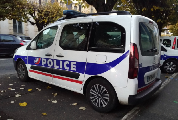 Polizeifahrzeug auf einer Straße mit Gebäuden, Bäumen und abgefallenen Blättern geparkt.