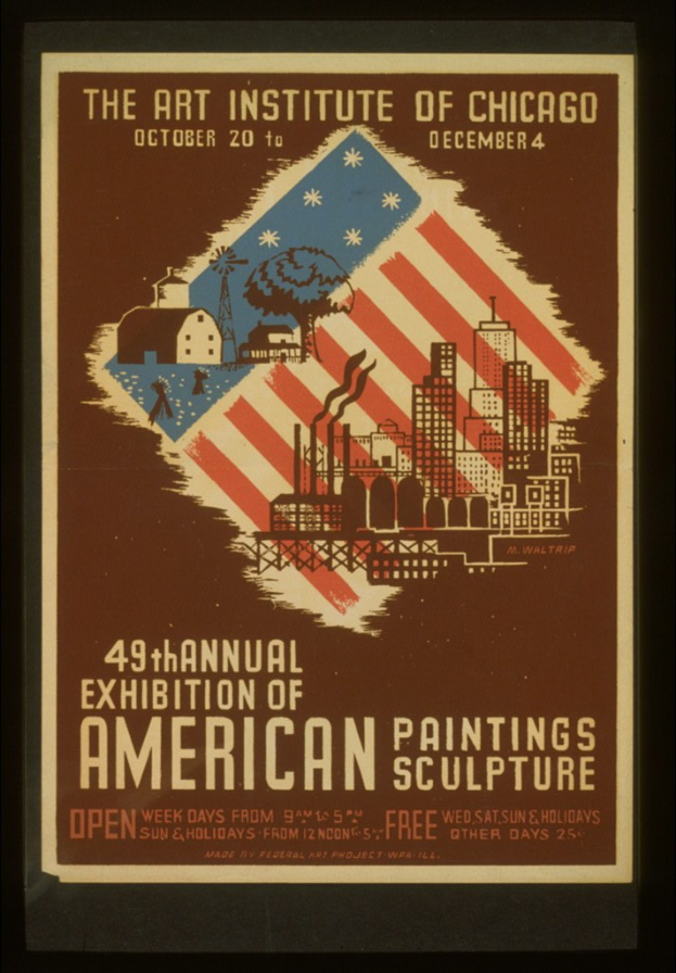 Plakat für die 49. Jahresausstellung amerikanischer Malerei und Skulptur des Art Institute of Chicago, das Text- und Bildmaterial zum Ereignis enthält.