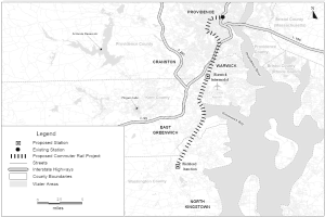 Eine Schwarz-Weiß-Karte einer Stadt mit einem Fluss, beschriftet mit "Vorgeschlagenes S-Bahn-Projekt" links, das Straßen, Autobahnen und andere Stadtmerkmale zeigt.