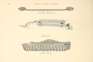 Eine handgezeichnete Skizze auf Papier zeigt einen Toilettenpapierhalter und einen Korb, mit begleitendem Text, der die Gegenstände beschreibt.
