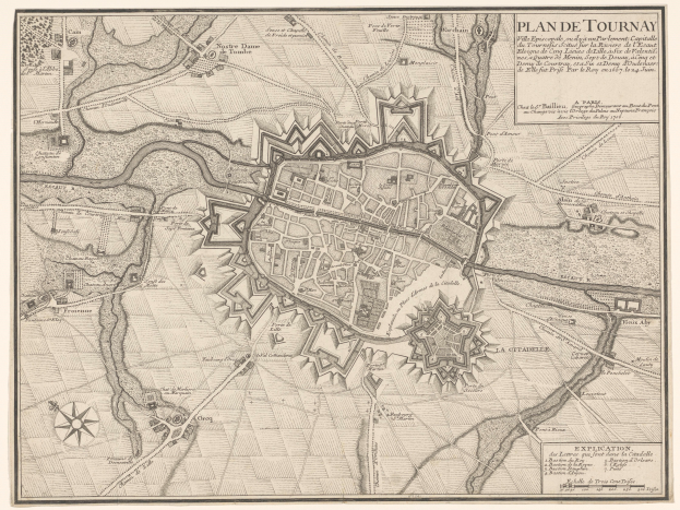 Eine detaillierte alte Karte von Tours, Frankreich, die Straßen, Gebäude und Sehenswürdigkeiten mit Textanmerkungen zeigt.
