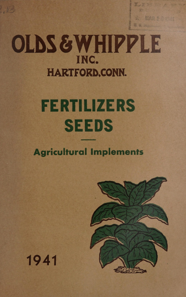 Altes Buchcover aus dem Jahr 1941 mit dem Titel "Düngemittel Saatgut Landwirtschaftliche Geräte" mit einer Illustration einer grünen Pflanze mit Blättern und Stielen.