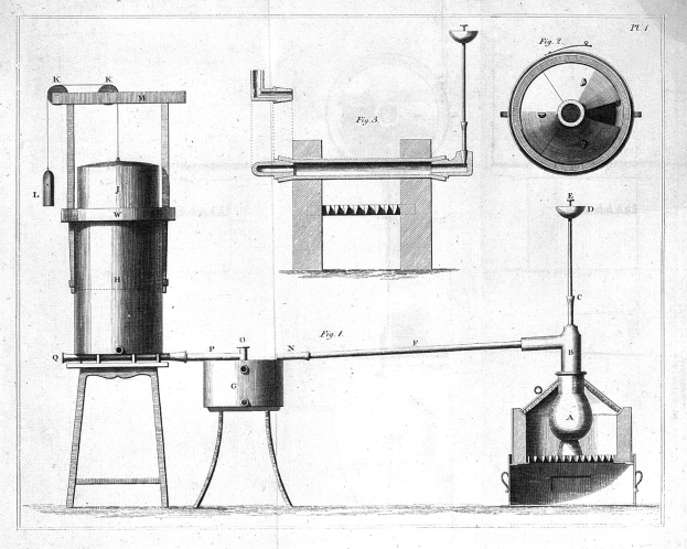 Eine Zeichnung einer Elektronenbeschleunigermaschine mit einer Uhr oben drauf, begleitet von beschreibendem Text und Zahlen auf dem Papier.