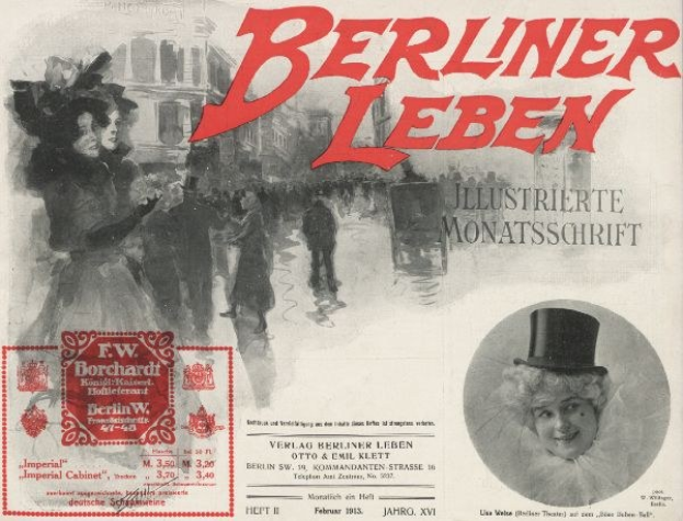 Plakat für das Berliner Leben Theater mit einer Frau im Hut und einem Mann im Anzug, Text, Stempel, Menschen und Gebäude im Hintergrund.