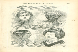 Ein altes Buchcover mit vier illustrierten Frauenköpfen und der Überschrift "The Queer Side of Things".