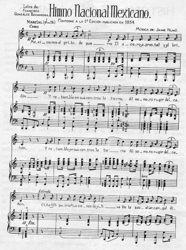 Notenblatt für "Himno Nacional Mexicano" mit musikalischen Noten im 4/4-Takt, eingerahmt von einem schwarzen Rand.