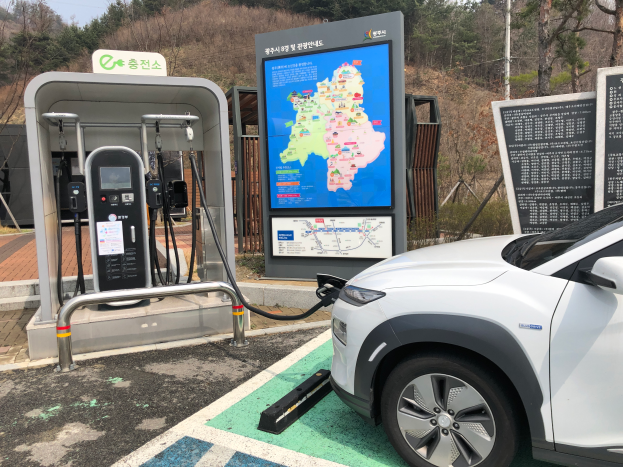 Ein Elektroauto l├Ądt an einer Station in Seoul, S├╝dkorea, umgeben von B├Ąumen mit dem Himmel im Hintergrund.
