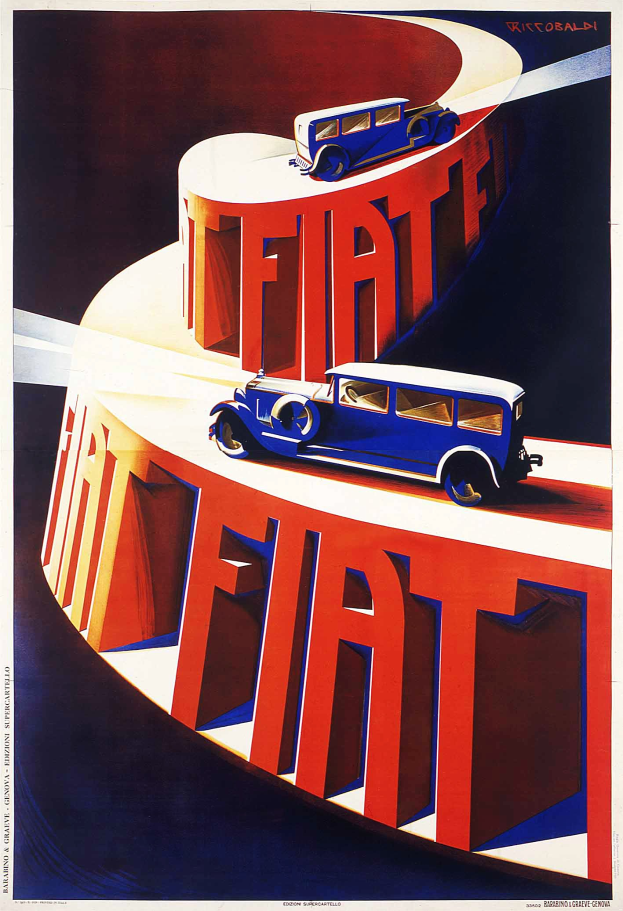 Plakatwerbung für Fiat-Autos, das einen blauen Wagen und einen roten Wagen mit dem Wort "Fiat" darauf zeigt.