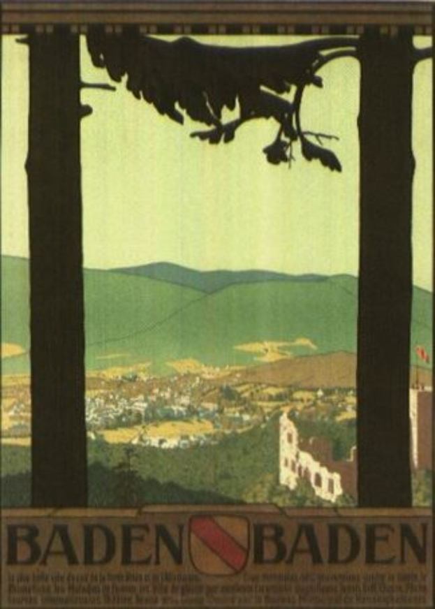 Ein Vogel auf einem Ast mit Gebäuden, Hügeln und einem klaren blauen Himmel im Hintergrund, mit Textwerbung für Baden-Württemberg, Deutschland.