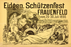 Ein Vintage-Plakat bewirbt das Eidgen Schützenfest in Frauenfeld, Deutschland, mit einem Mann im Anzug und einer Frau in einem Kleid, die nebeneinander stehen, und Ereignisinformationen darauf.