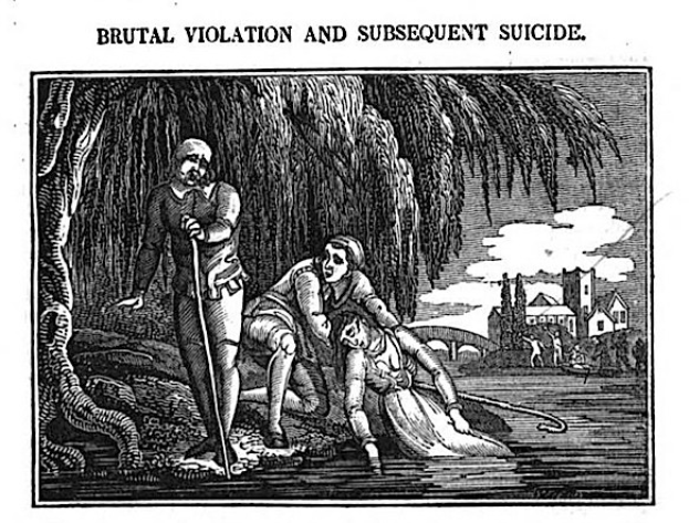 Schwarzes und weißes Bild eines Mannes, der über einer Frau steht, die auf dem Boden liegt, einen Stock haltend, mit Bäumen, Gebäuden und einem bewölkten Himmel im Hintergrund und Text oben und unten, der "brutale Vergewaltigung und anschließender Selbstmord" lautet.