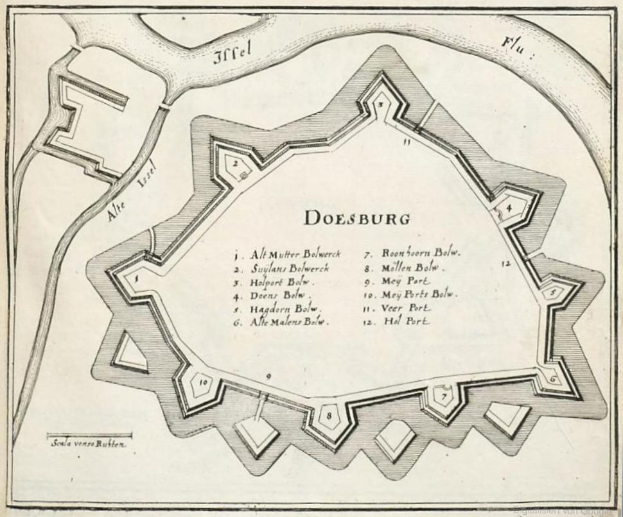 Ein detaillierter Stadtplan von Duesburg, Deutschland, mit Straßen, Gebäuden und Sehenswürdigkeiten, überlagert mit handgeschriebener Text.