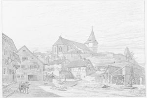 Eine Schwarz-Weiß-Zeichnung einer Straßenszene in Heidelberg, Deutschland, mit der Kirche der Heiligen Dreifaltigkeit im Hintergrund, umgeben von Gebäuden, Menschen, Tieren, Bäumen und einem Himmel, mit Text unten, der besagt: "Die Kirche der Heiligen Dreifaltigkeit in der Altstadt von Heidelberg, Deutschland."