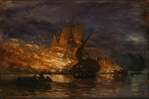 Malerei eines brennenden Bootes auf unruhigem Wasser, umgeben von einem Foto Rahmen, mit Flammen, die die Szene erhellen und Rauch, der in den Himmel aufsteigt.