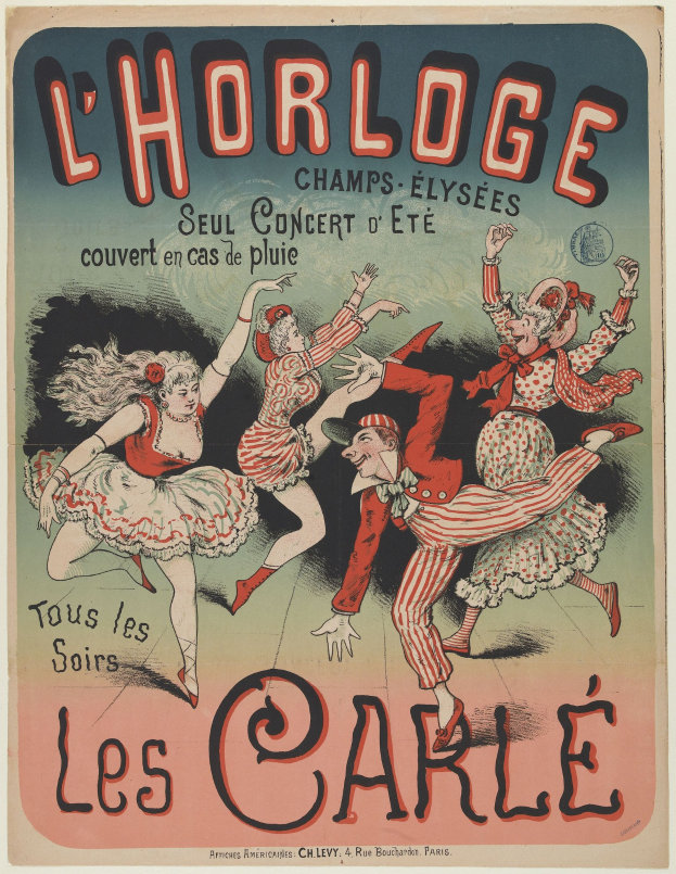 Ein lebendiger Konzertplakat für ein Event in der Chorlage in Paris, das eine Gruppe von Tänzern in bunten Kostümen mit strahlenden Gesichtern vor einem kräftigen gelben Hintergrund mit umgebendem Text zeigt.
