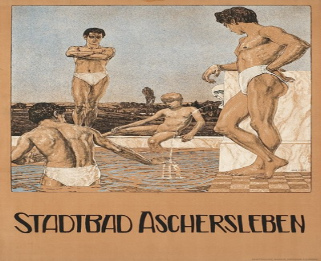 Gruppe von Menschen, die in einem Schwimmbad stehen und sitzen, mit Werbetext für Aschersleben, Deutschland.