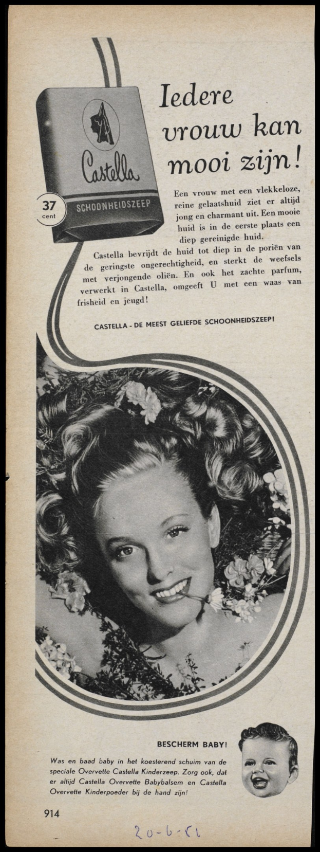 Werbeposter für Castella-Seife mit einer Frau, die strahlt, und Text, der das Produkt beschreibt.