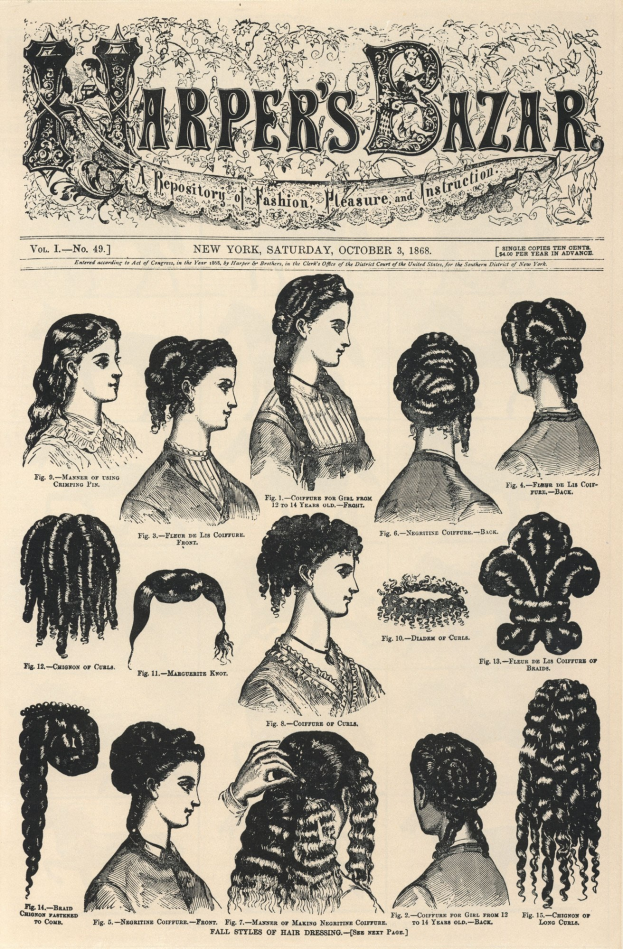 Schwarz-weiß-Kollage von Frauen mit verschiedenen Hairstyles aus Harper's Bazaar mit begleitendem Text.