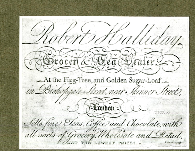 Papierbeleg mit dem gedruckten Text "Robert Halliday Grocer & Tea Dealer", der einen Einkauf in seinem Geschäft anzeigt.