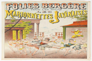 Ein Plakat, das eine Tanzshow in Paris ankündigt, zeigt im Vordergrund eine Gruppe von Menschen, die tanzen, im Hintergrund ein Gebäude, Bäume und Himmel und Text auf dem Plakat.