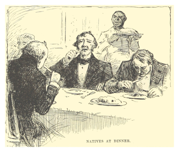 Eine Zeichnung von Menschen, die um einen Tisch sitzen und essen, beschriftet mit 'Einheimische beim Dinner' unten.