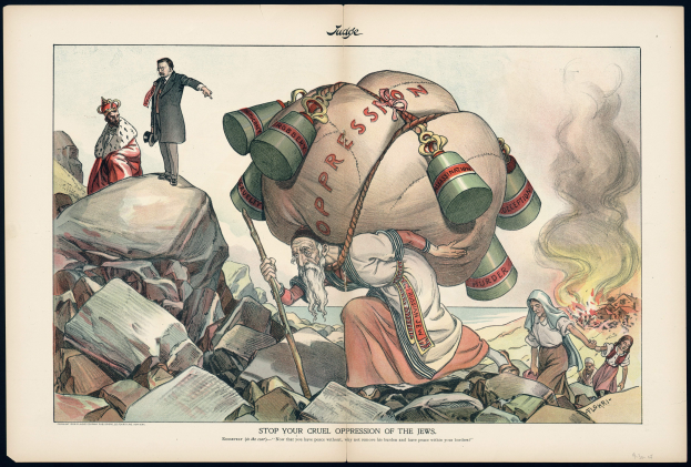 Ein Cartoon von einem Mann mit einem großen Geldsack auf Felsen, der einen Stock hält, umgeben von Menschen, mit Text 'Hört auf mit eurer grausamen Unterdrückung der Juden'.