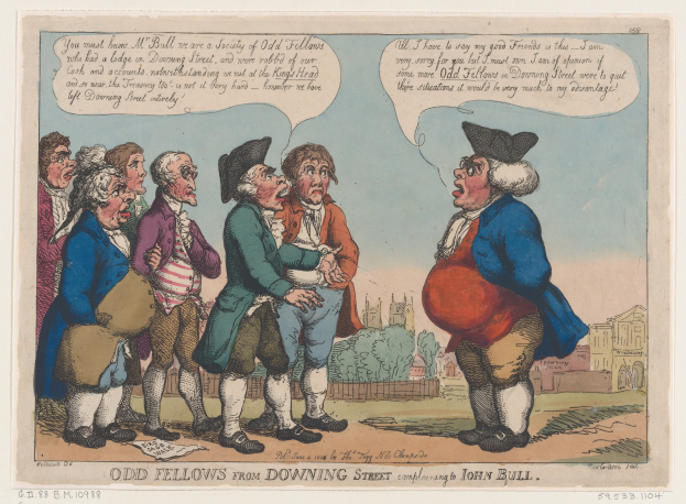 Zeichnung auf Papier, die eine Gruppe von Menschen vor einem Gebäude mit Bäumen und Himmel zeigt, mit Text unten, der "odd fellows from downing street complaining to John Bull" lautet.