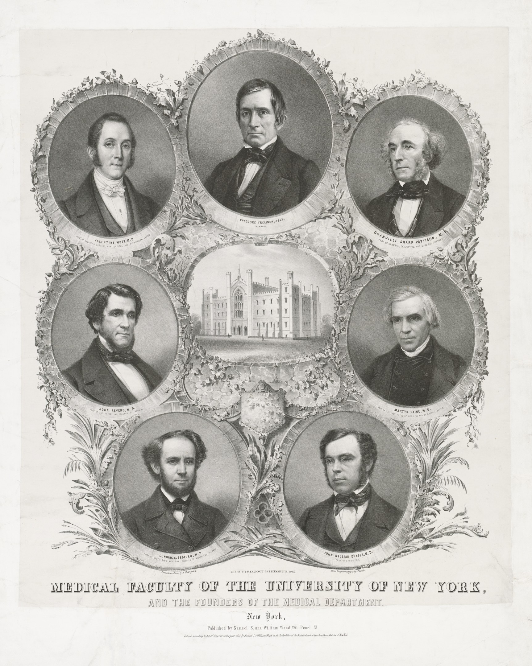 Schwarzes und weißes Foto von formell gekleideten Männern, die vor einem Gebäude posieren, mit Text unten, der sie als Medizinische Fakultät der Universität New York und Gründer des Medizinischen Departments identifiziert.