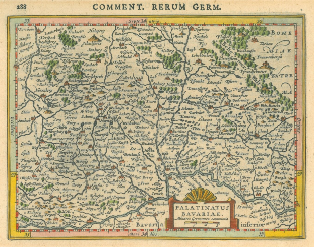 Ein altes Deutschland-Karte, das die Provinzen Pfalz und Bayern hervorhebt, mit zusätzlichem Text für weitere Informationen.