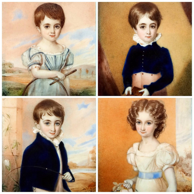 Collage aus vier leuchtenden Gemälden von Kindern in verschiedenen Outfits und Posen, jedes mit einzigartigen Gesichtsausdrücken und detaillierten Merkmalen.