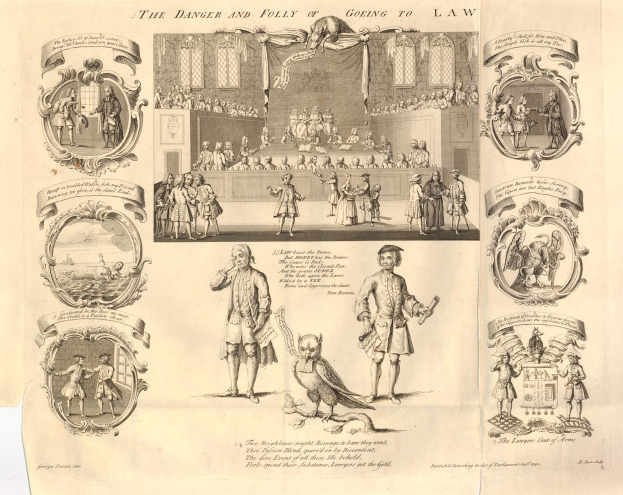 Eine Papierillustration, die verängstigte Menschen in verschiedenen Zuständen von Furcht und Verwirrung zeigt, begleitet von fettem Text, der die Gefahren von Gerichtsverfahren hervorhebt.