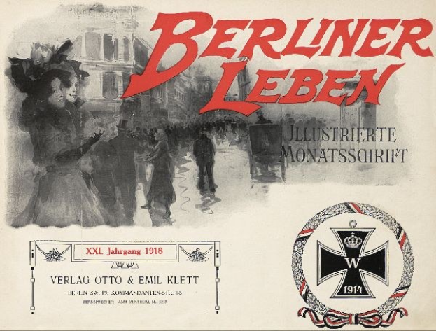 Alter Buchumschlag mit dem Titel "Berliner Leben", der eine Gruppe von Menschen in festlicher Stimmung, ein deutsches Militär-Logo und zusätzlichen Text zeigt.
