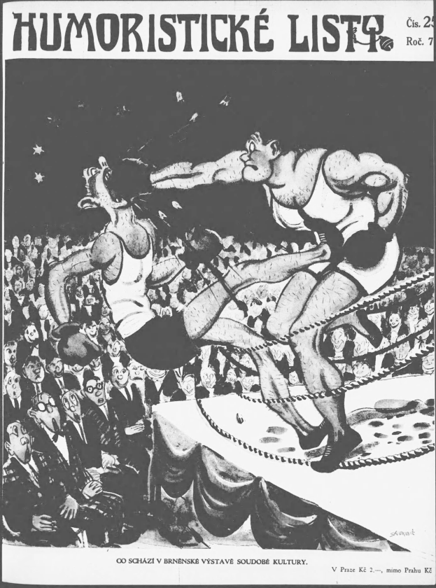 A black and white cartoon of two people boxing in a ring, surrounded by a crowd, with the text "humoristicke list - czechoslovakian newspaper" at the top and bottom.