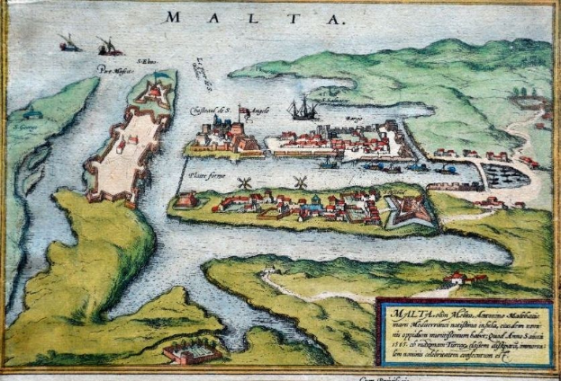 Ein detaillierter alter Stadtplan von Malta, der Gebäude, Straßen und andere Merkmale zeigt, mit Text oben und unten.