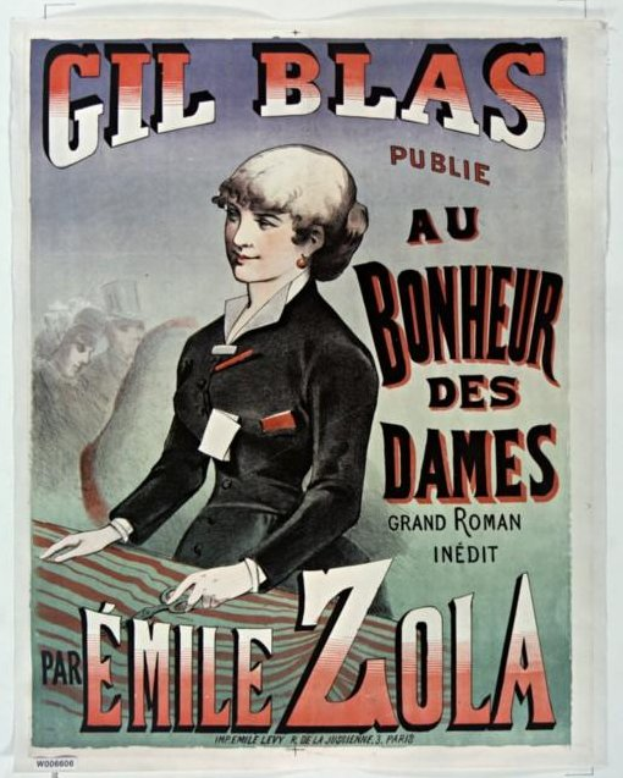 Ein Konzertplakat mit einem wei├čen Hintergrund, das ein zentrales Bild von Emilie Zola und den Text 'Gil Blas au Bonheur des Dames' zeigt.
