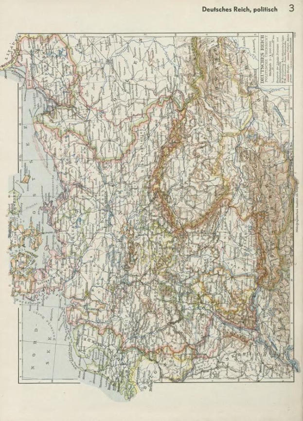 Eine Karte von Deutschland aus dem 19. Jahrhundert, die die politischen Grenzen zeigt, auf Papier mit zusätzlichem Text oben und unten gedruckt.
