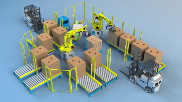 Eine Gruppe automatisierter Roboter arbeitet auf Förderbändern in einem Lager, umgeben von Kartonschachteln und Fahrzeugen auf dem Boden.