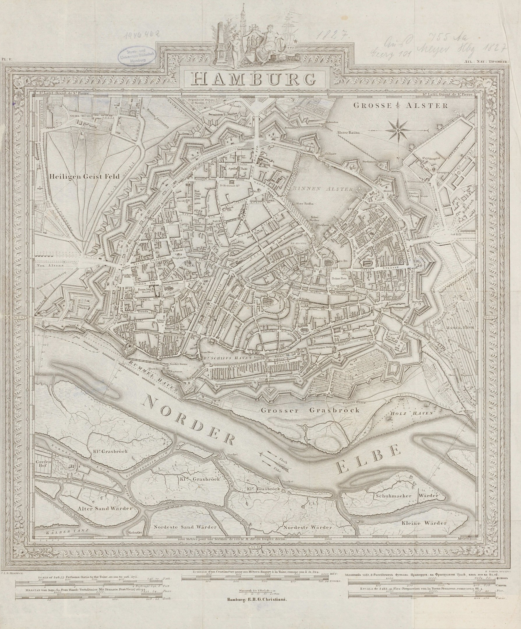 Alte Karte von Hamburg, Deutschland, auf Papier gedruckt, zeigt Straßen und Landmarken mit klassischem Erscheinungsbild.