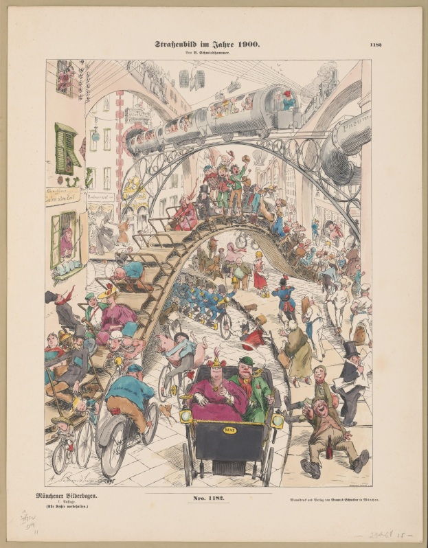 Eine sepiafarbene Illustration eines überfüllten Bahnhofs aus dem Jahr 1900, eingerahmt von einem Foto, mit Menschen in Not, die nach oben zu einem Zug und nach unten auf den Boden schauen.