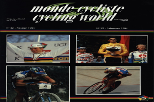 Ein Plakat der Zeitschrift Monde Cycliste Cycling World aus dem Februar 1994, das vier Radfahrer mit Helmen zeigt, die auf Fahrrädern fahren, mit dem Zeitschriftennamen über ihnen.